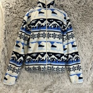 Vintage Polar Fleece Zip Up Large Jacket Blue White Snowflake Bear Winter Layer